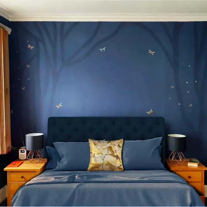Dark Blue Wall coverings and Wallpapers with Gold Dragon Flies and Fireflies